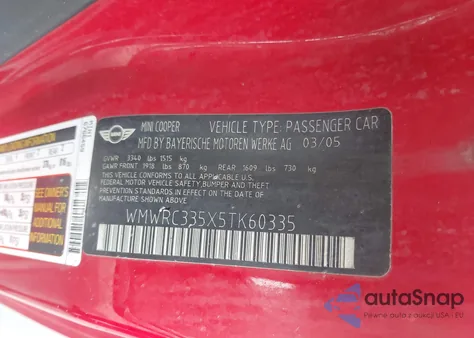 2005 Mini Cooper из США, поврежденный, VIN WMWRC335X5TK60335